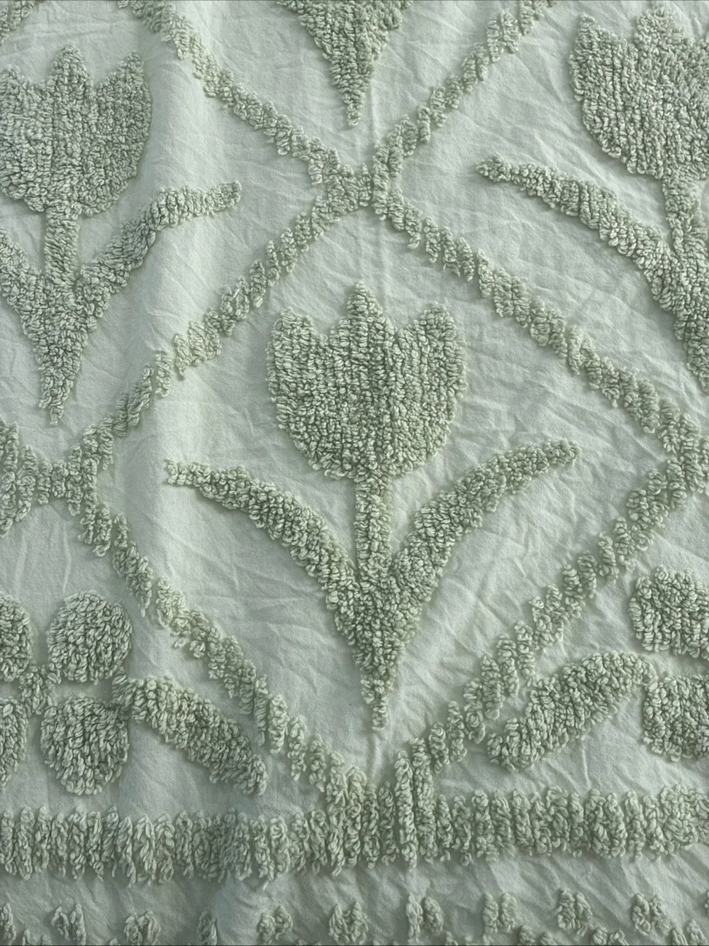 Vintage Chenille Mint Tulips Bedspread French Farmhouse Cottage 96x108